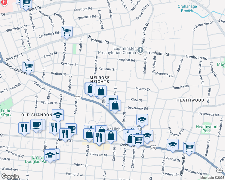 map of restaurants, bars, coffee shops, grocery stores, and more near 1120 Butler Street in Columbia