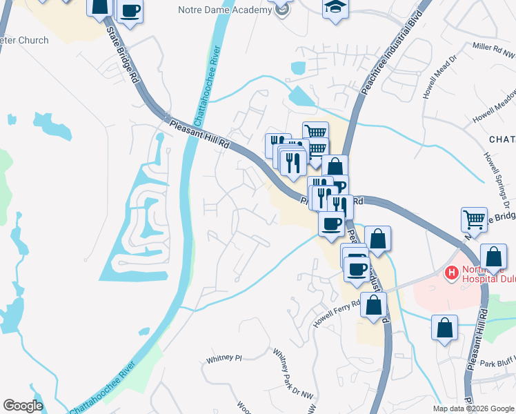 map of restaurants, bars, coffee shops, grocery stores, and more near 3824 Saint Annes Court in Duluth