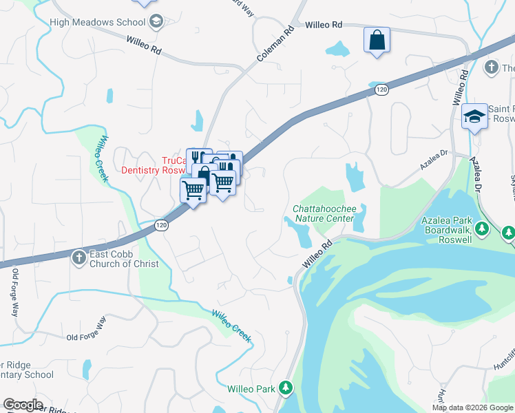 map of restaurants, bars, coffee shops, grocery stores, and more near 2076 Merrimont Way in Roswell