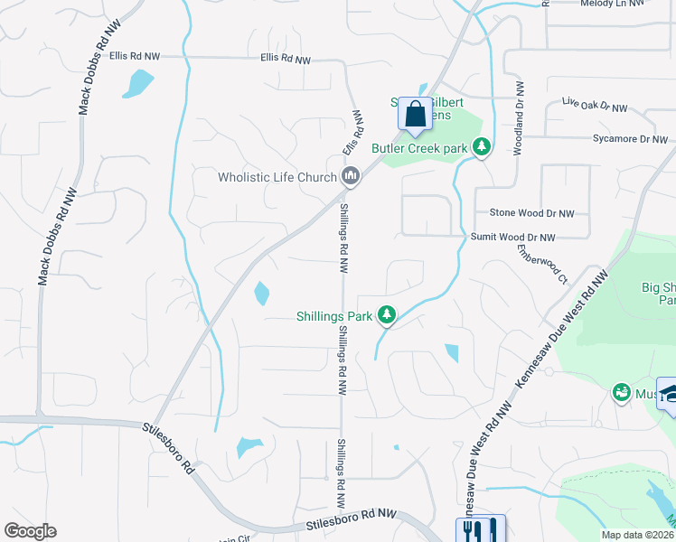 map of restaurants, bars, coffee shops, grocery stores, and more near 2861 Country Court Northwest in Kennesaw