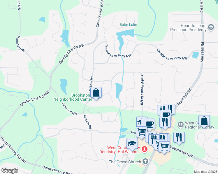 map of restaurants, bars, coffee shops, grocery stores, and more near 5578 Hedge Brooke Drive Northwest in Acworth