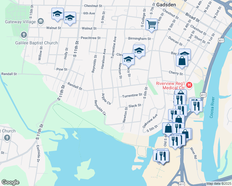 map of restaurants, bars, coffee shops, grocery stores, and more near 652 Turrentine Street in Gadsden