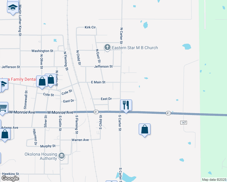 map of restaurants, bars, coffee shops, grocery stores, and more near 301-399 East Dr in Okolona