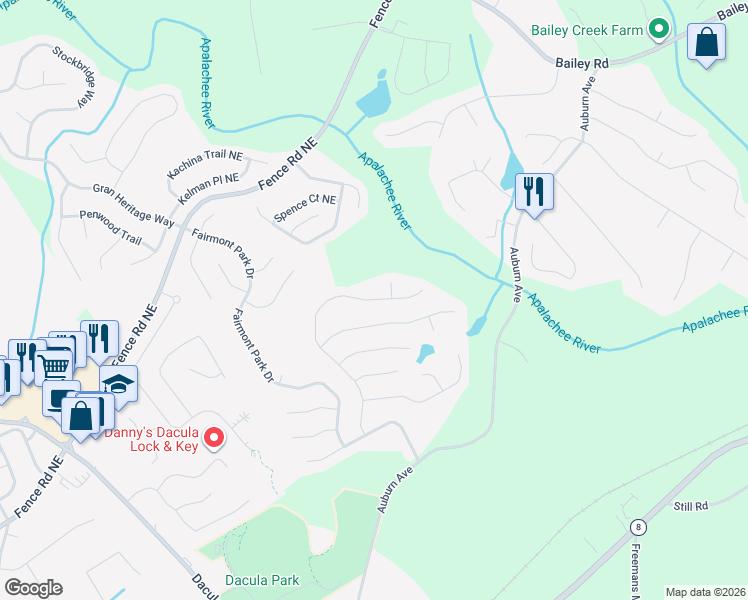 map of restaurants, bars, coffee shops, grocery stores, and more near 525 Ballyshnnon Drive in Dacula