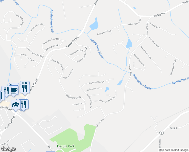 map of restaurants, bars, coffee shops, grocery stores, and more near 520 Ballyshnnon Drive in Dacula