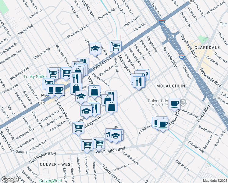 map of restaurants, bars, coffee shops, grocery stores, and more near 11869 Marcasel Court in Los Angeles