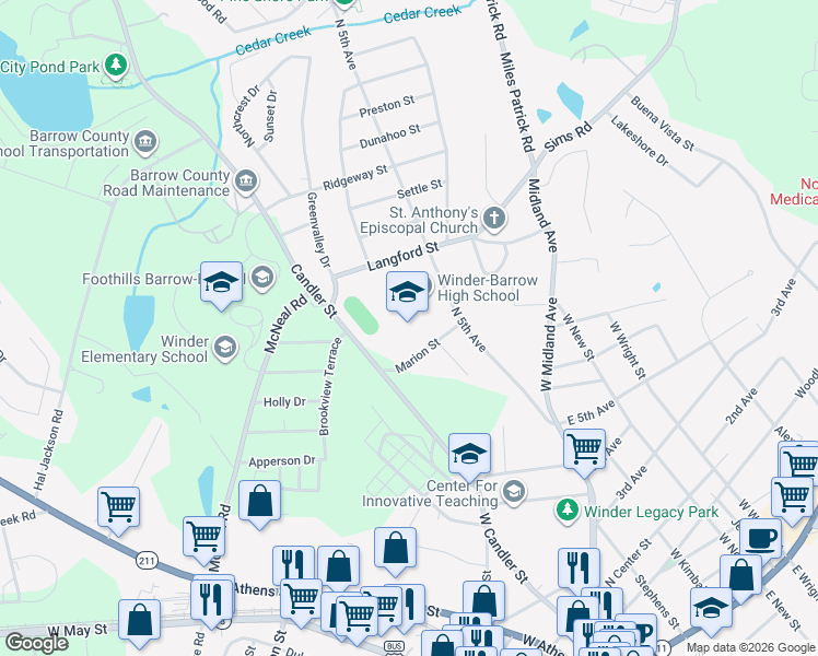 map of restaurants, bars, coffee shops, grocery stores, and more near 272 North 5th Avenue in Winder