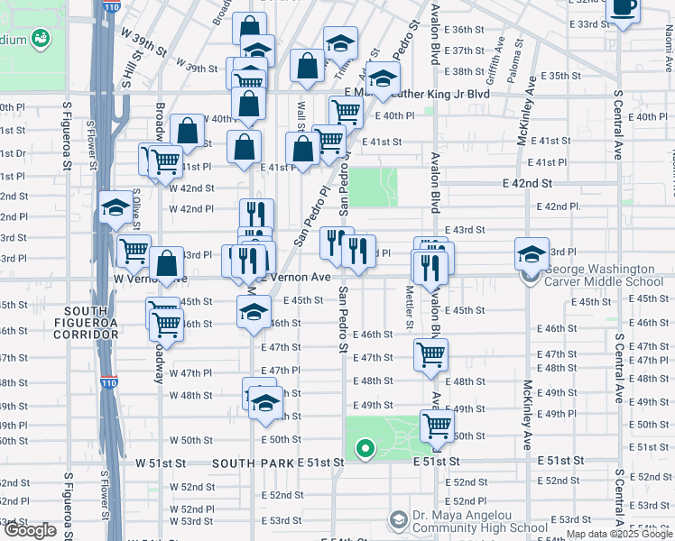 map of restaurants, bars, coffee shops, grocery stores, and more near 234 East Vernon Avenue in Los Angeles