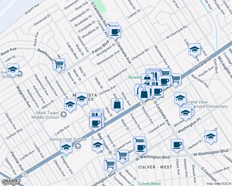 map of restaurants, bars, coffee shops, grocery stores, and more near 3724 Stewart Avenue in Los Angeles