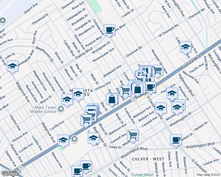 map of restaurants, bars, coffee shops, grocery stores, and more near 3724 Stewart Avenue in Los Angeles