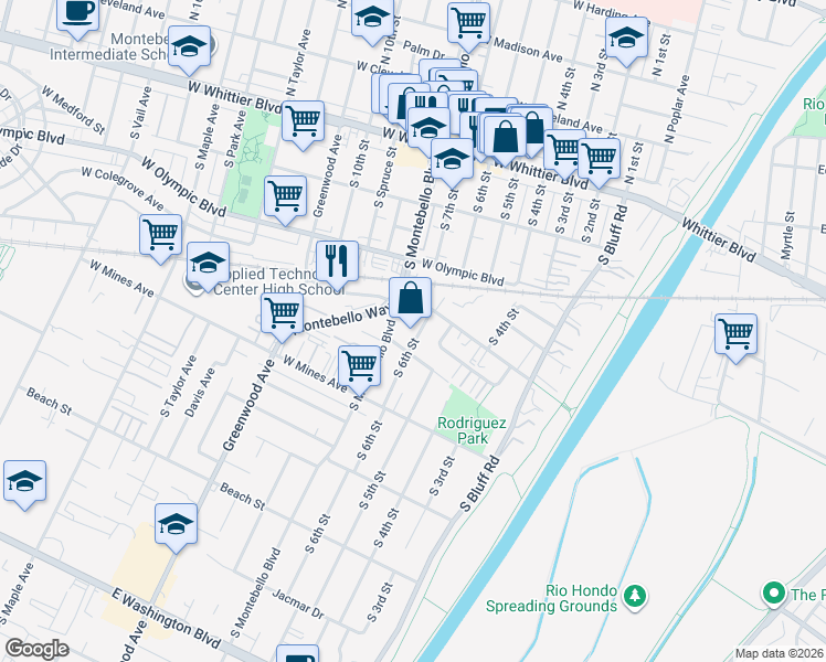 map of restaurants, bars, coffee shops, grocery stores, and more near 415 South 6th Street in Montebello