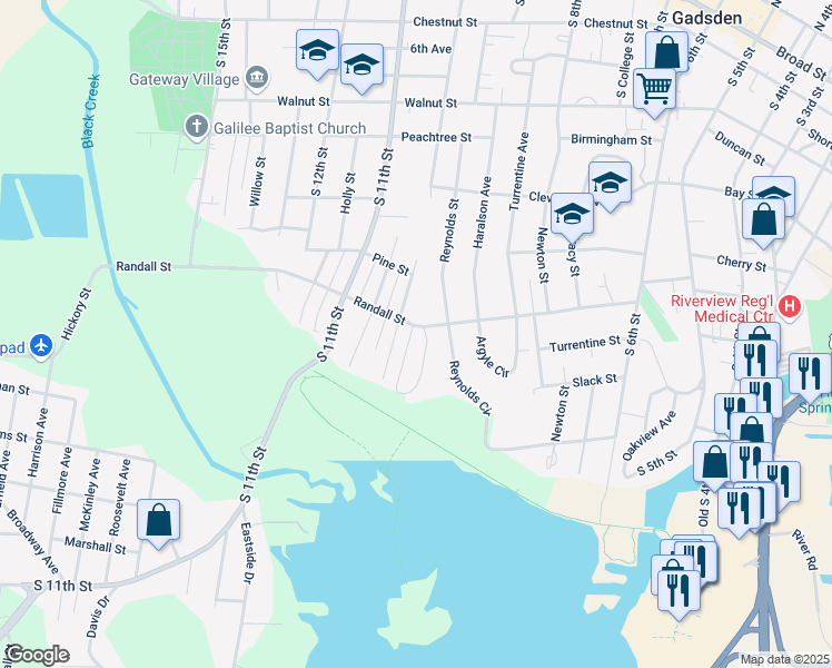map of restaurants, bars, coffee shops, grocery stores, and more near 901 Edgewood Drive in Gadsden