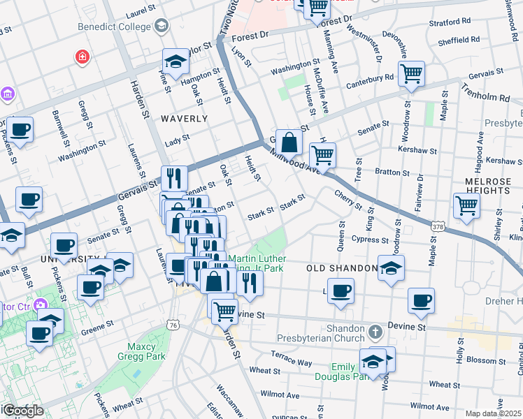 map of restaurants, bars, coffee shops, grocery stores, and more near 2312 Stark Street in Columbia