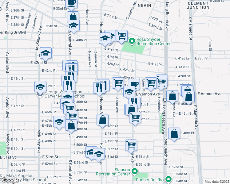 map of restaurants, bars, coffee shops, grocery stores, and more near 1340 East Vernon Avenue in Los Angeles