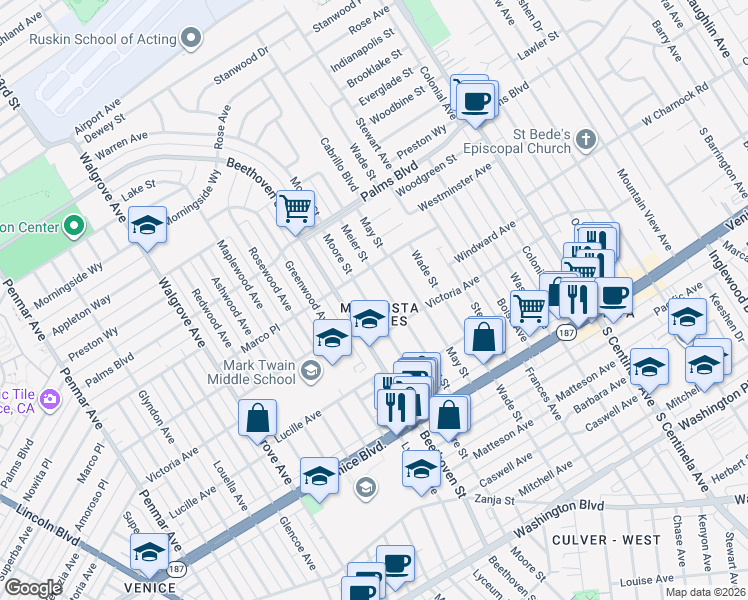 map of restaurants, bars, coffee shops, grocery stores, and more near 3661 Moore Street in Los Angeles