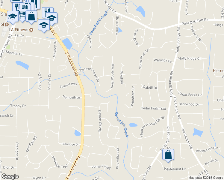 map of restaurants, bars, coffee shops, grocery stores, and more near 2158 Deep Woods Way in Marietta