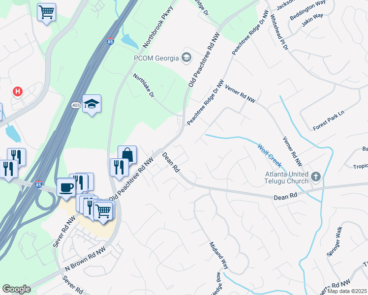 map of restaurants, bars, coffee shops, grocery stores, and more near 2451 Birkhall Way Northwest in Lawrenceville