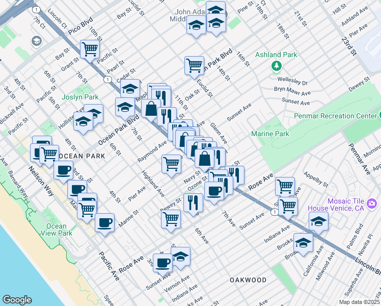 map of restaurants, bars, coffee shops, grocery stores, and more near 3013 Lincoln Boulevard in Santa Monica