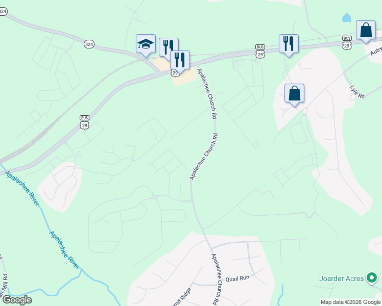 map of restaurants, bars, coffee shops, grocery stores, and more near 105 Appalachee Church Road in Auburn