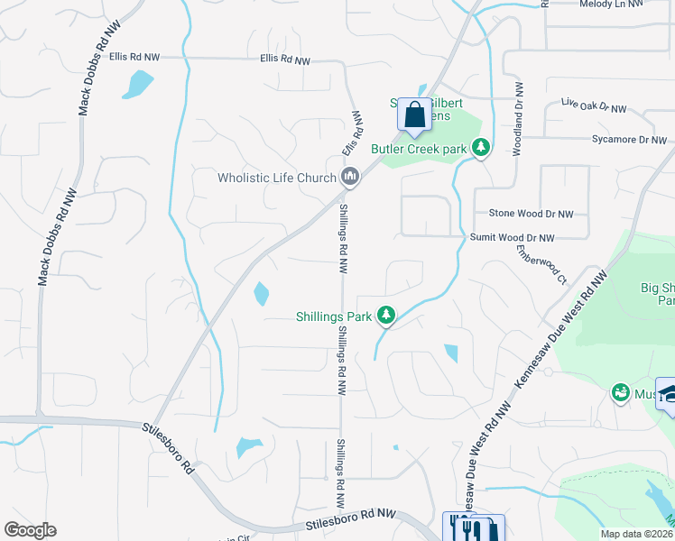 map of restaurants, bars, coffee shops, grocery stores, and more near 2861 Country Court Northwest in Kennesaw