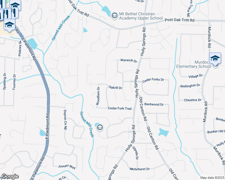 map of restaurants, bars, coffee shops, grocery stores, and more near 2205 Oakrill Court in Marietta
