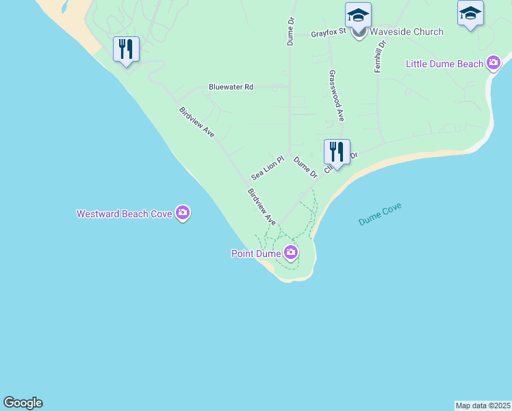 map of restaurants, bars, coffee shops, grocery stores, and more near 7345 Birdview Avenue in Malibu