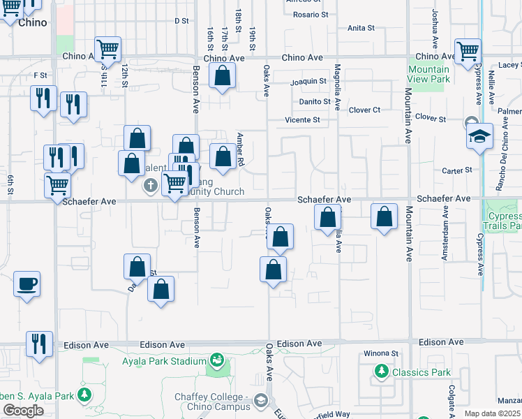 map of restaurants, bars, coffee shops, grocery stores, and more near 5885 Schaefer Avenue in Chino