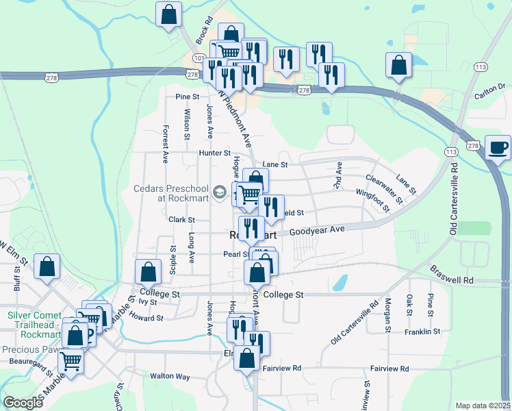 map of restaurants, bars, coffee shops, grocery stores, and more near 406 North Piedmont Avenue in Rockmart