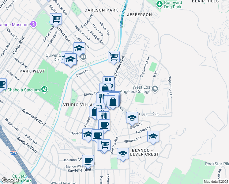 map of restaurants, bars, coffee shops, grocery stores, and more near 4628 Maytime Lane in Culver City