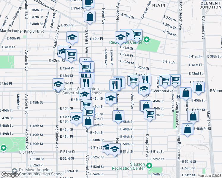 map of restaurants, bars, coffee shops, grocery stores, and more near 1247 East Vernon Avenue in Los Angeles