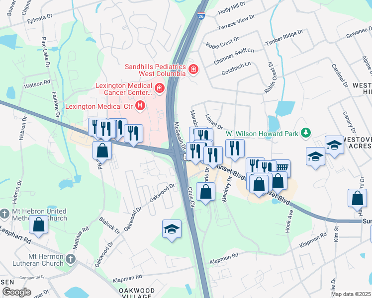 map of restaurants, bars, coffee shops, grocery stores, and more near 110 McSwain Drive in West Columbia