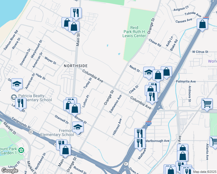 map of restaurants, bars, coffee shops, grocery stores, and more near 1275 Orange Street in Riverside