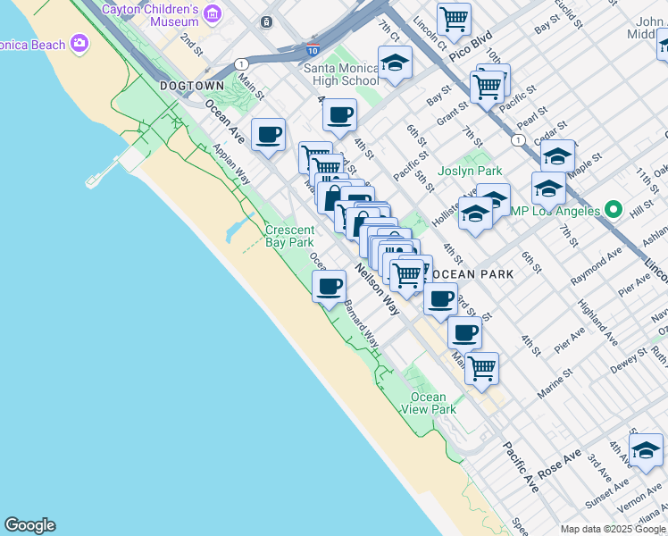 map of restaurants, bars, coffee shops, grocery stores, and more near 2221 Ocean Avenue in Santa Monica