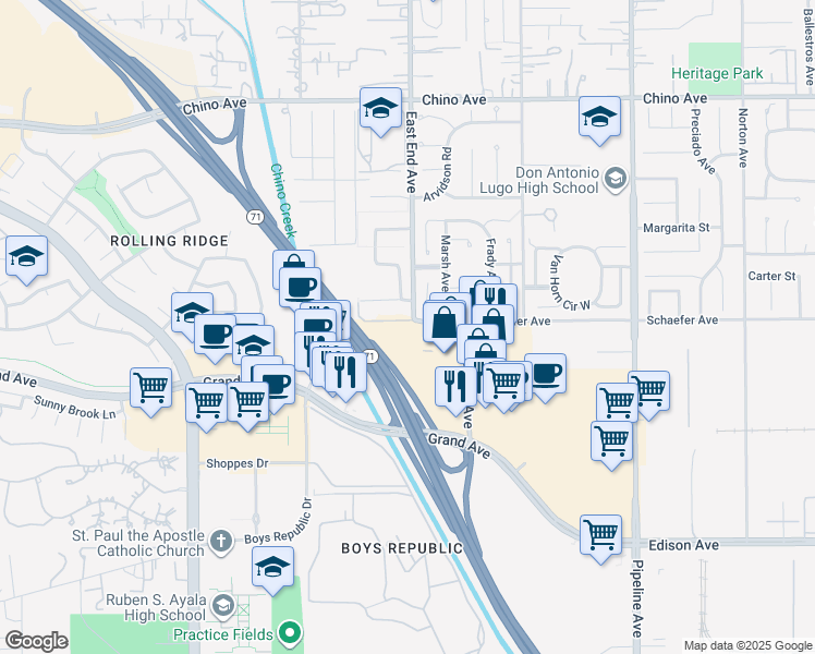map of restaurants, bars, coffee shops, grocery stores, and more near 13798 Roswell Avenue in Chino