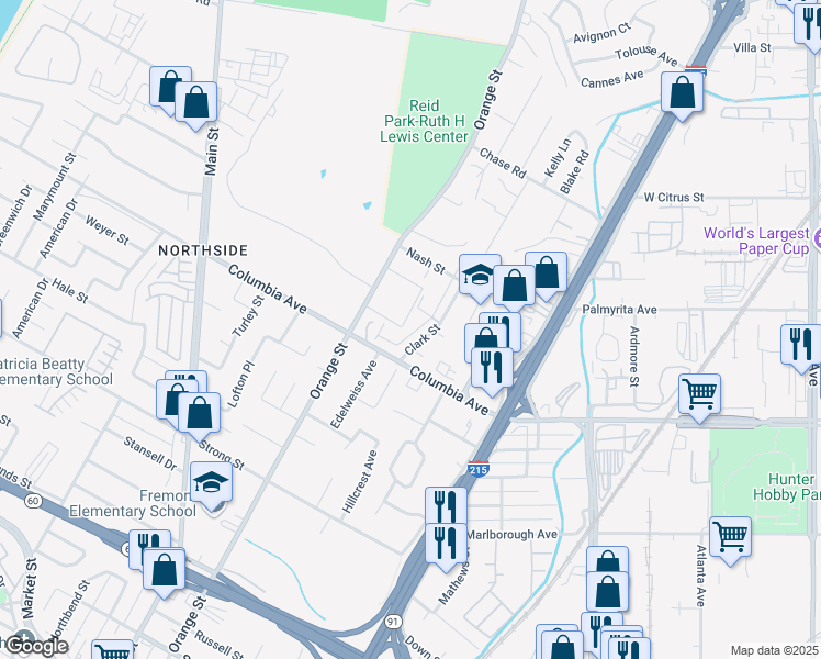map of restaurants, bars, coffee shops, grocery stores, and more near 1151 Clark Street in Riverside
