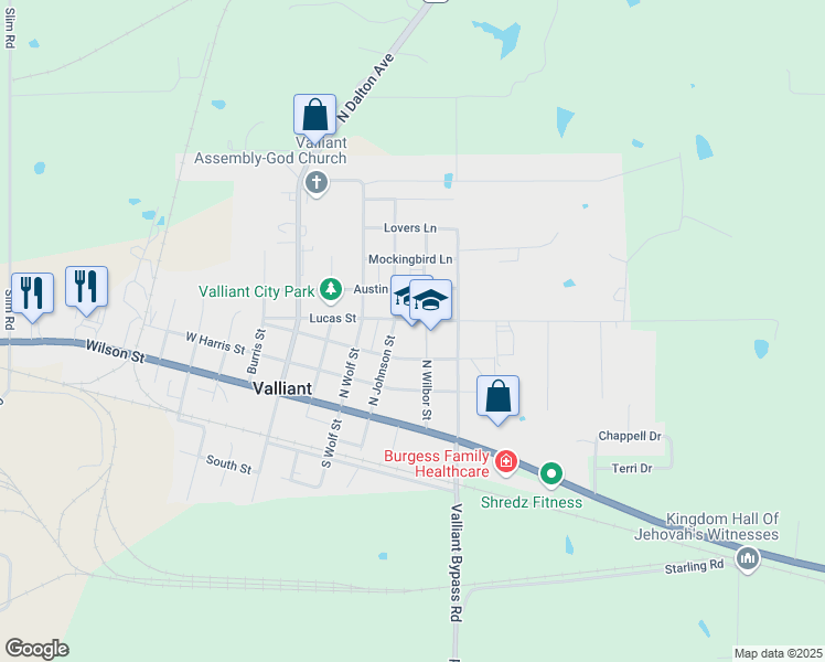 map of restaurants, bars, coffee shops, grocery stores, and more near 604 Lucas Street in Valliant