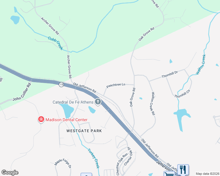 map of restaurants, bars, coffee shops, grocery stores, and more near 6290 Old Jefferson Road in Athens