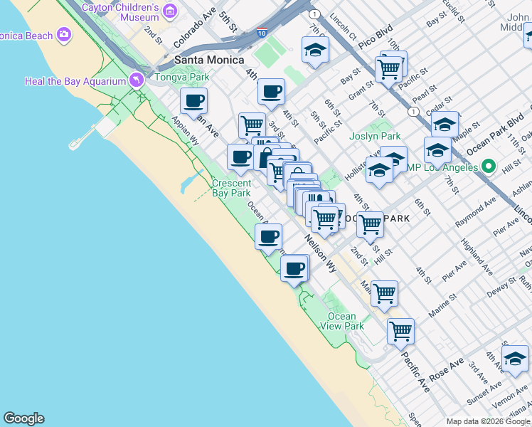 map of restaurants, bars, coffee shops, grocery stores, and more near 2221 Ocean Avenue in Santa Monica