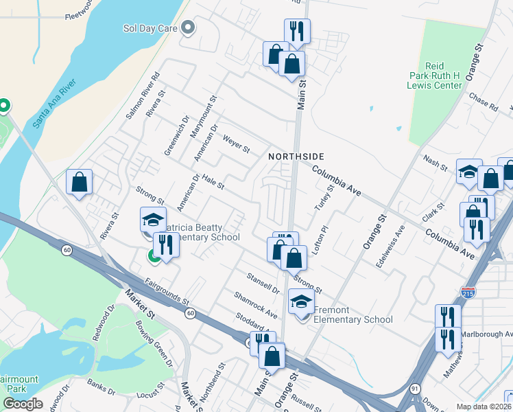 map of restaurants, bars, coffee shops, grocery stores, and more near 1505 Fairmount Boulevard in Riverside