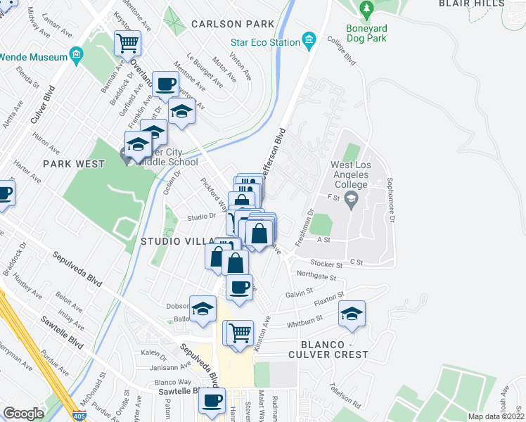 map of restaurants, bars, coffee shops, grocery stores, and more near 4821 Maytime Lane in Culver City