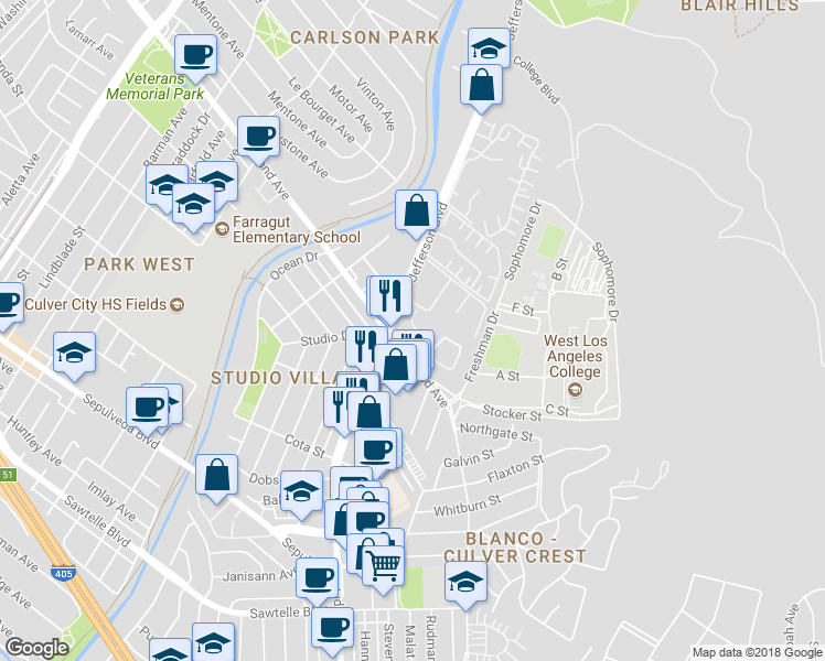 map of restaurants, bars, coffee shops, grocery stores, and more near 4634 Maytime Lane in Culver City