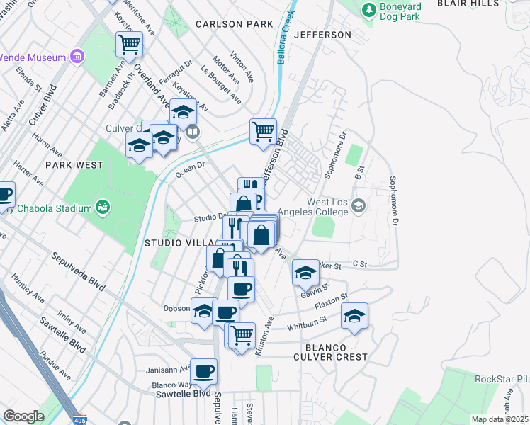 map of restaurants, bars, coffee shops, grocery stores, and more near 4821 Maytime Lane in Culver City