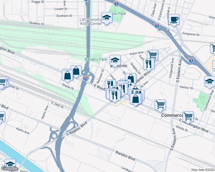 map of restaurants, bars, coffee shops, grocery stores, and more near 5014 Nobel Street in Commerce