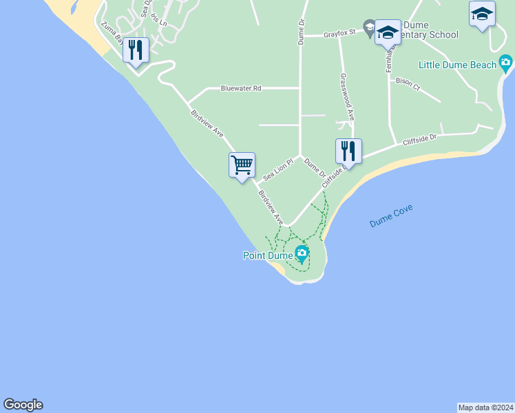 map of restaurants, bars, coffee shops, grocery stores, and more near 7335 Birdview Avenue in Malibu