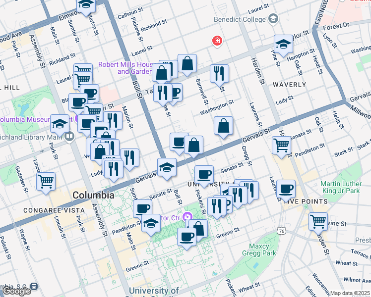 map of restaurants, bars, coffee shops, grocery stores, and more near in Columbia