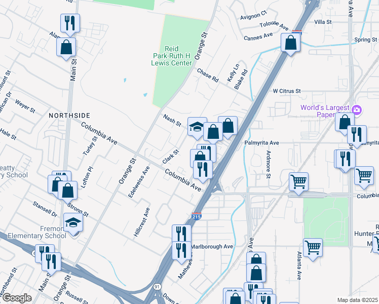 map of restaurants, bars, coffee shops, grocery stores, and more near 3275 Columbia Avenue in Riverside