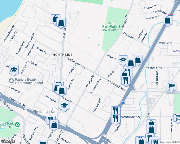 map of restaurants, bars, coffee shops, grocery stores, and more near 1275 Orange Street in Riverside