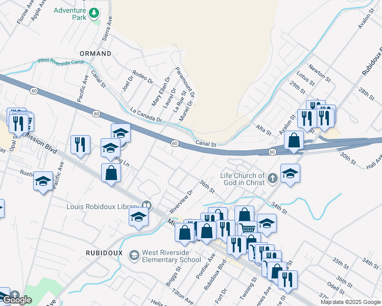 map of restaurants, bars, coffee shops, grocery stores, and more near 3350 Jennie Street in Riverside
