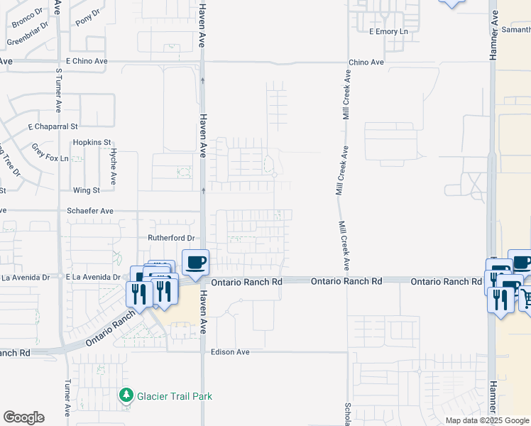 map of restaurants, bars, coffee shops, grocery stores, and more near 3879 South Sunrise Avenue in Ontario