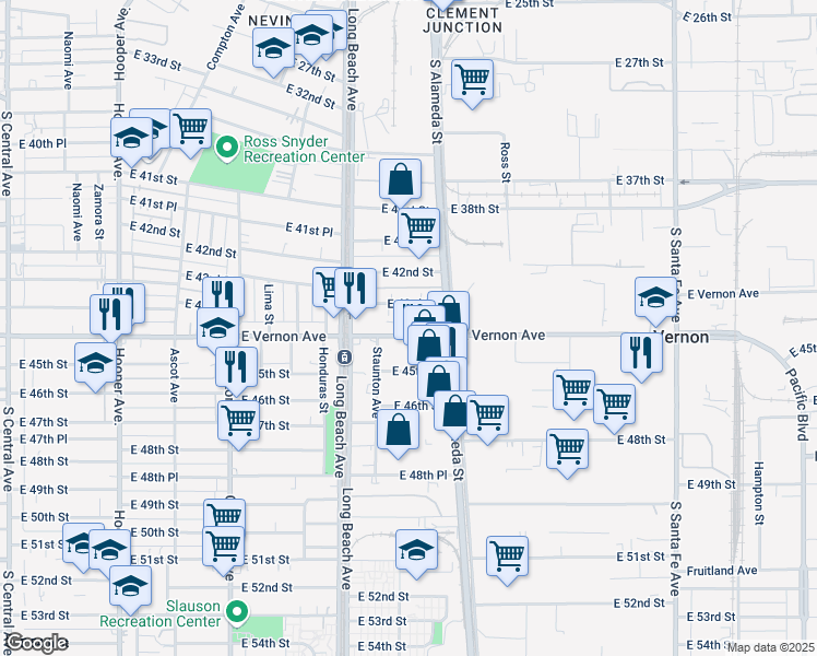 map of restaurants, bars, coffee shops, grocery stores, and more near 1832 East Vernon Avenue in Vernon